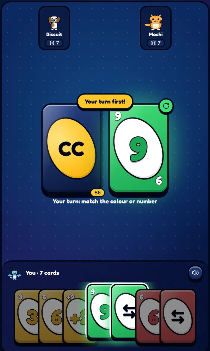 The Color Clash table on a phone: the draw pile, a blue 6 on top and a hand of seven cards